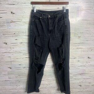 American Eagle Outfitters High Rise Distressed Black Jeans size 8 long mom jeans